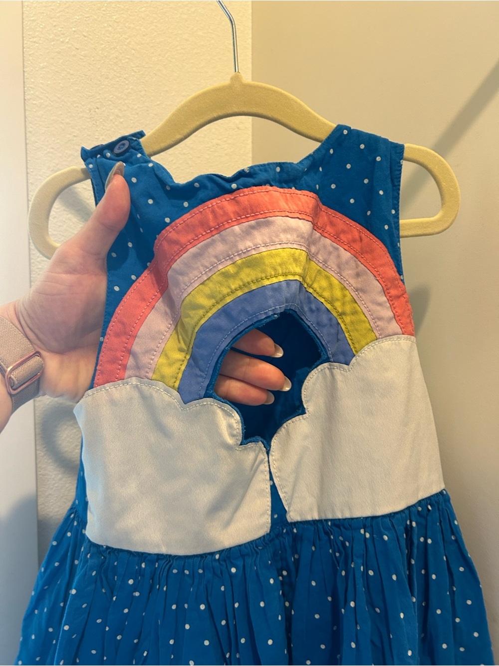 Mini Boden Kids' Dot Print Embellished Cutout Cotton Dress in Blue with Rainbow - Picture 5 of 8